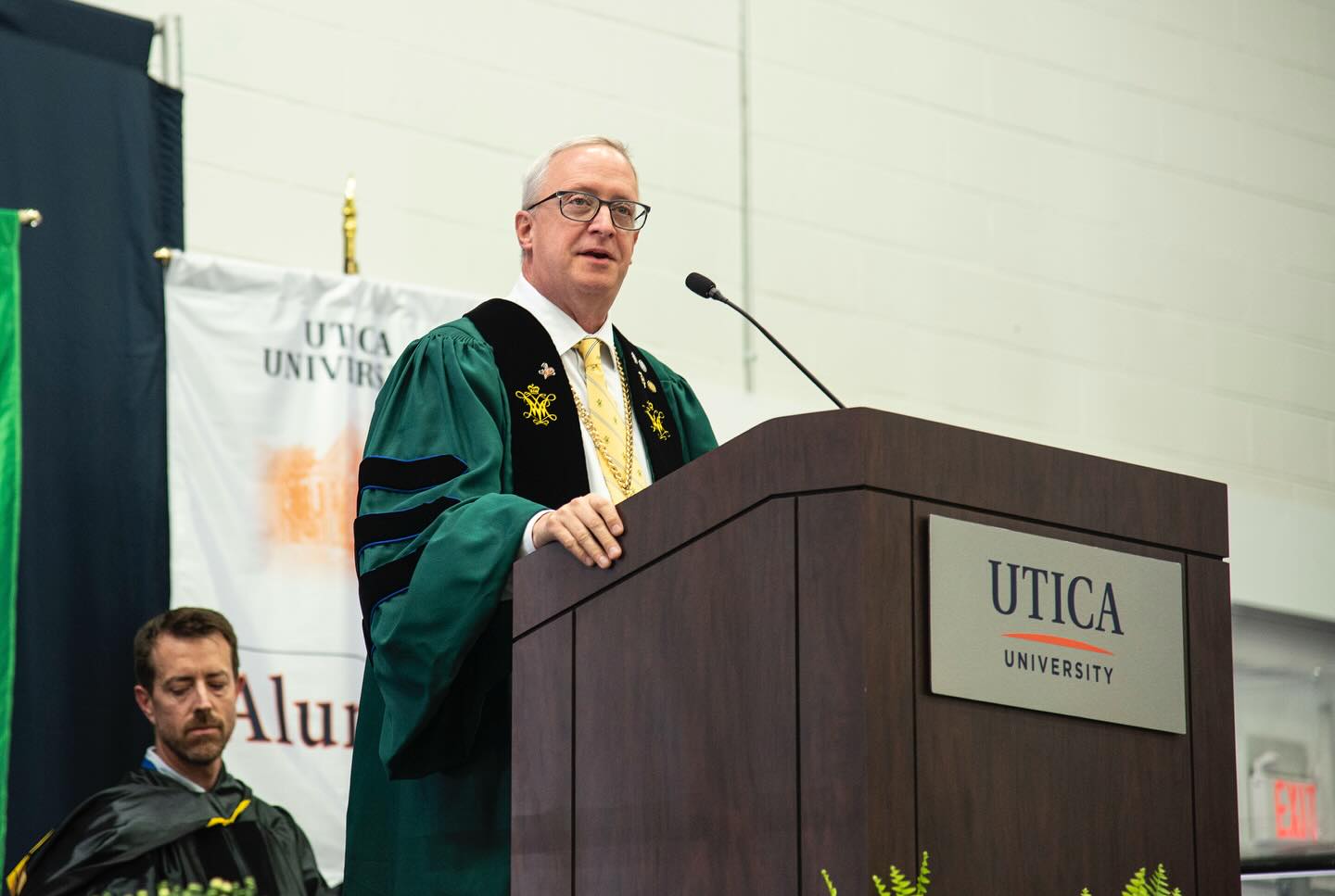 President Todd Pfannestiel provides students with advice at the 2025 Convocation.