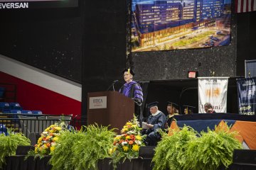 Presidnet Stephanie Nesbitt addresses the graduating class at the 2026 Undergraduate Commencement.